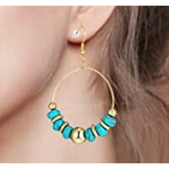 Turquoise and Gold Bead Hoop Earrings - Picture 2 of 2